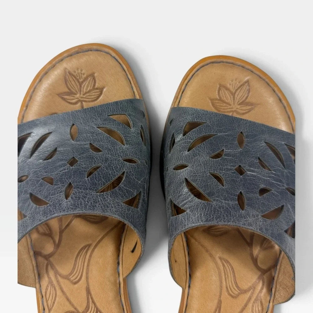 Born Sandals Yesica Womens 10 Blue Leather Laser Cut Floral Slide NEW